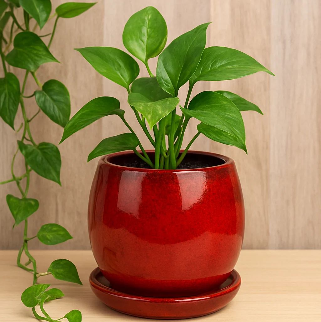 Crimson Red Ceramic Pot with Saucer (6 Inch)